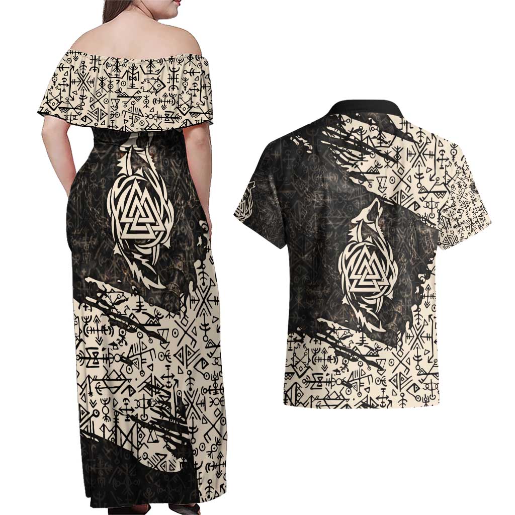 Fenrir Couples Matching Off Shoulder Maxi Dress and Hawaiian Shirt with Norse Symbols and Howling Wolf Viking Mythology Tribute - Wonder Print Shop