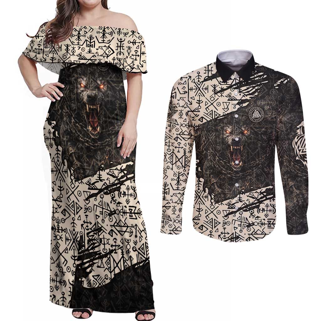 Fenrir Couples Matching Off Shoulder Maxi Dress and Long Sleeve Button Shirt with Norse Symbols and Howling Wolf Viking Mythology Tribute - Wonder Print Shop