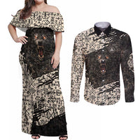 Fenrir Couples Matching Off Shoulder Maxi Dress and Long Sleeve Button Shirt with Norse Symbols and Howling Wolf Viking Mythology Tribute - Wonder Print Shop