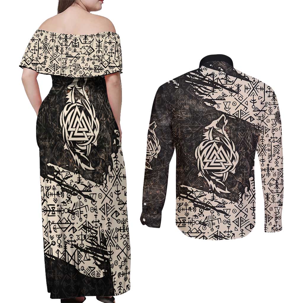 Fenrir Couples Matching Off Shoulder Maxi Dress and Long Sleeve Button Shirt with Norse Symbols and Howling Wolf Viking Mythology Tribute - Wonder Print Shop