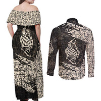 Fenrir Couples Matching Off Shoulder Maxi Dress and Long Sleeve Button Shirt with Norse Symbols and Howling Wolf Viking Mythology Tribute - Wonder Print Shop