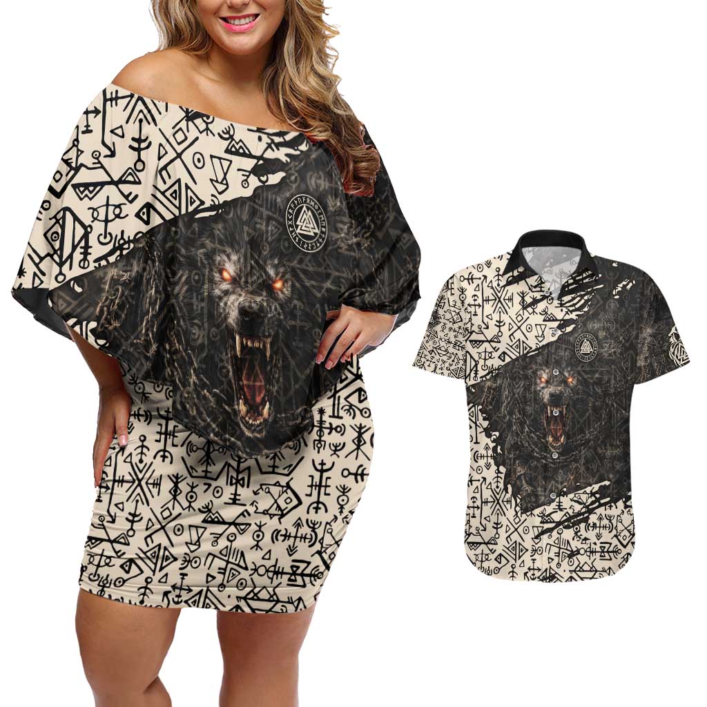 Fenrir Couples Matching Off Shoulder Short Dress and Hawaiian Shirt with Norse Symbols and Howling Wolf Viking Mythology Tribute - Wonder Print Shop