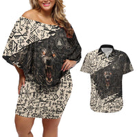 Fenrir Couples Matching Off Shoulder Short Dress and Hawaiian Shirt with Norse Symbols and Howling Wolf Viking Mythology Tribute - Wonder Print Shop