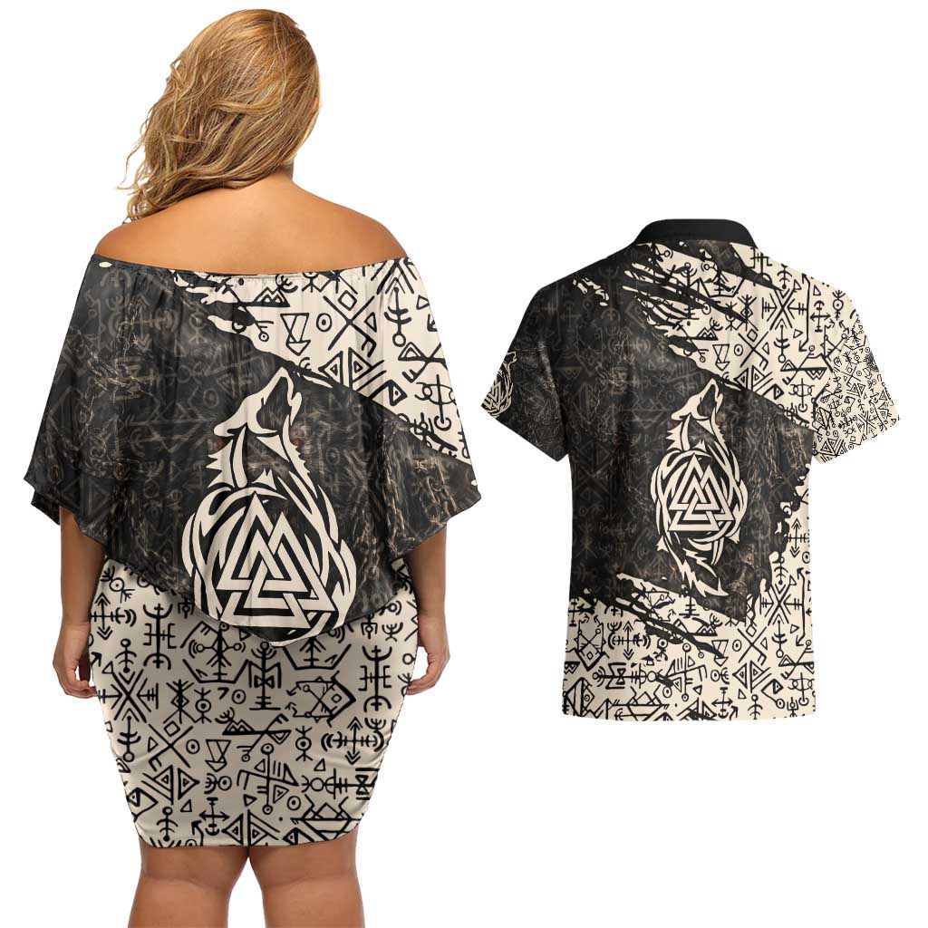 Fenrir Couples Matching Off Shoulder Short Dress and Hawaiian Shirt with Norse Symbols and Howling Wolf Viking Mythology Tribute - Wonder Print Shop