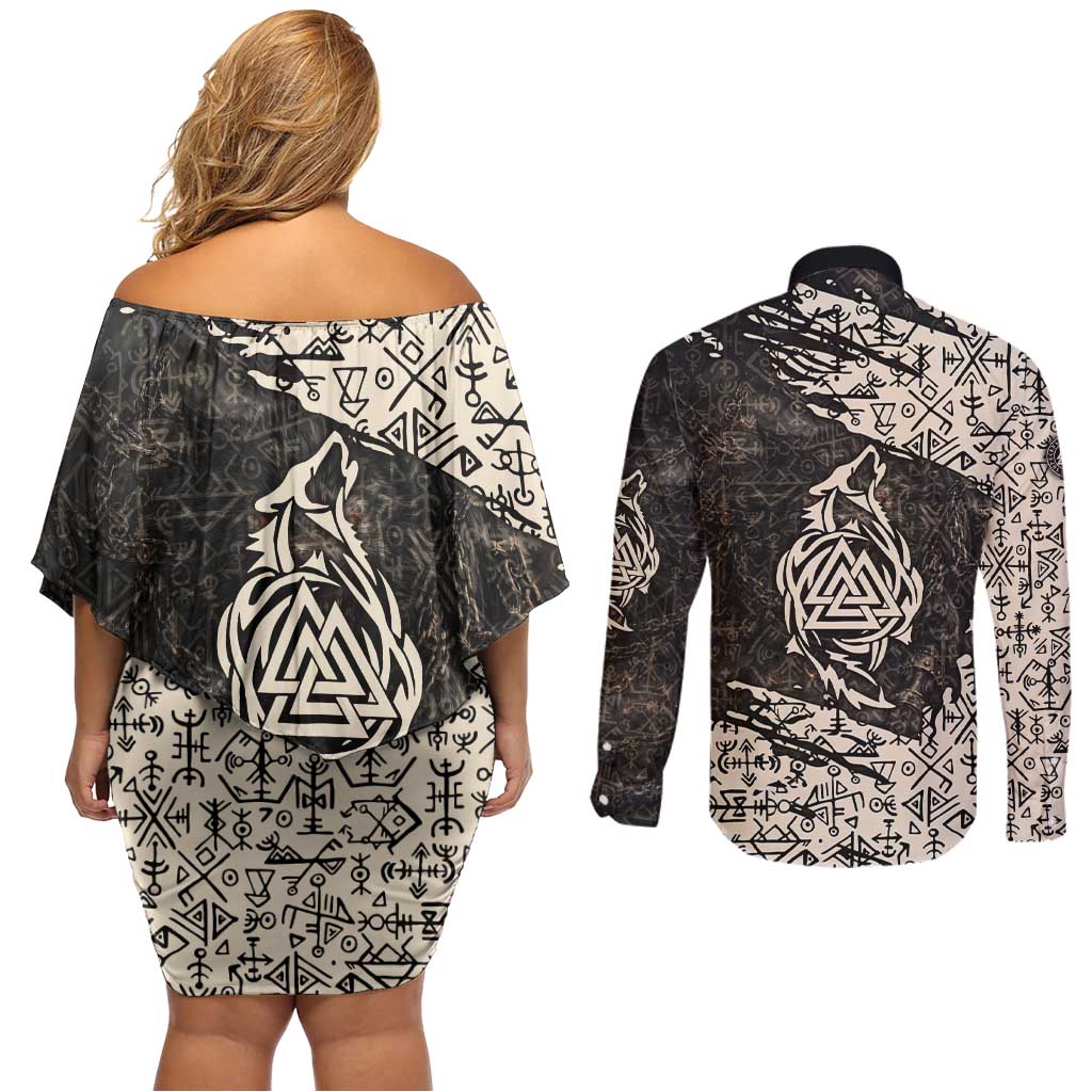 Fenrir Couples Matching Off Shoulder Short Dress and Long Sleeve Button Shirt with Norse Symbols and Howling Wolf Viking Mythology Tribute - Wonder Print Shop