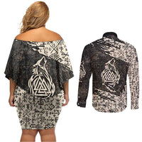Fenrir Couples Matching Off Shoulder Short Dress and Long Sleeve Button Shirt with Norse Symbols and Howling Wolf Viking Mythology Tribute - Wonder Print Shop