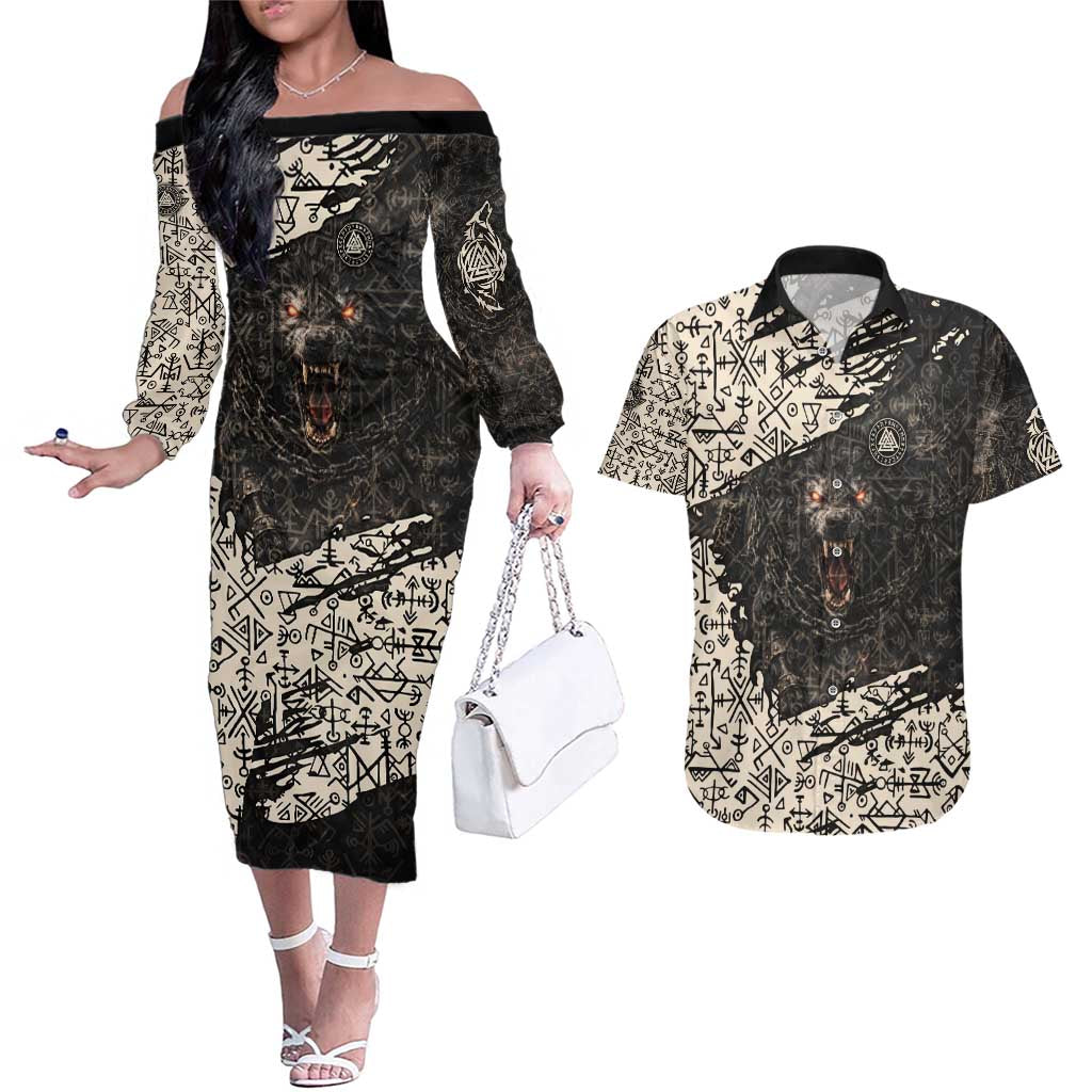 Fenrir Couples Matching Off The Shoulder Long Sleeve Dress and Hawaiian Shirt with Norse Symbols and Howling Wolf Viking Mythology Tribute - Wonder Print Shop