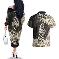 Fenrir Couples Matching Off The Shoulder Long Sleeve Dress and Hawaiian Shirt with Norse Symbols and Howling Wolf Viking Mythology Tribute - Wonder Print Shop