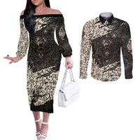 Fenrir Couples Matching Off The Shoulder Long Sleeve Dress and Long Sleeve Button Shirt with Norse Symbols and Howling Wolf Viking Mythology Tribute - Wonder Print Shop
