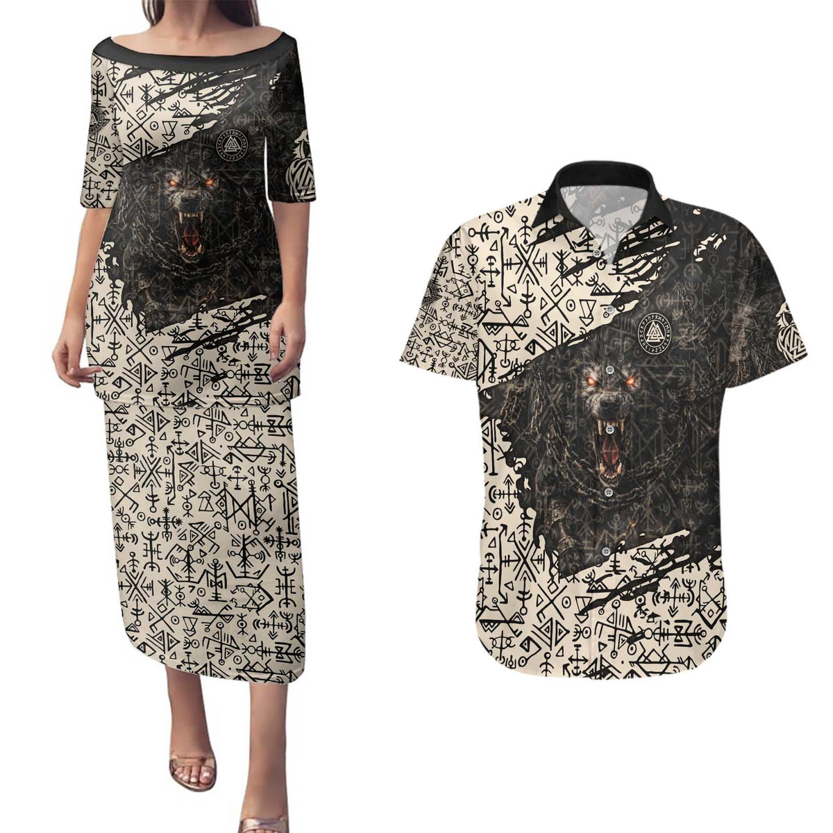 Fenrir Couples Matching Puletasi and Hawaiian Shirt with Norse Symbols and Howling Wolf Viking Mythology Tribute - Wonder Print Shop