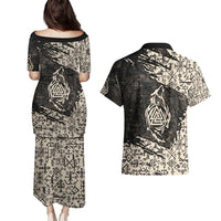 Fenrir Couples Matching Puletasi and Hawaiian Shirt with Norse Symbols and Howling Wolf Viking Mythology Tribute - Wonder Print Shop