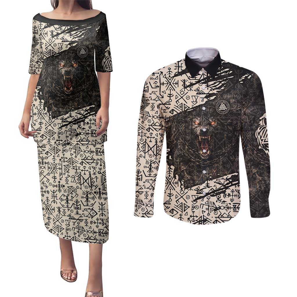 Fenrir Couples Matching Puletasi and Long Sleeve Button Shirt with Norse Symbols and Howling Wolf Viking Mythology Tribute - Wonder Print Shop