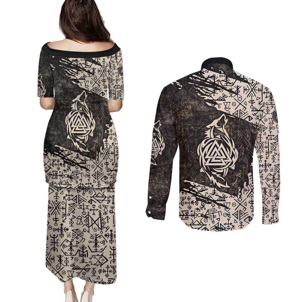 Fenrir Couples Matching Puletasi and Long Sleeve Button Shirt with Norse Symbols and Howling Wolf Viking Mythology Tribute - Wonder Print Shop