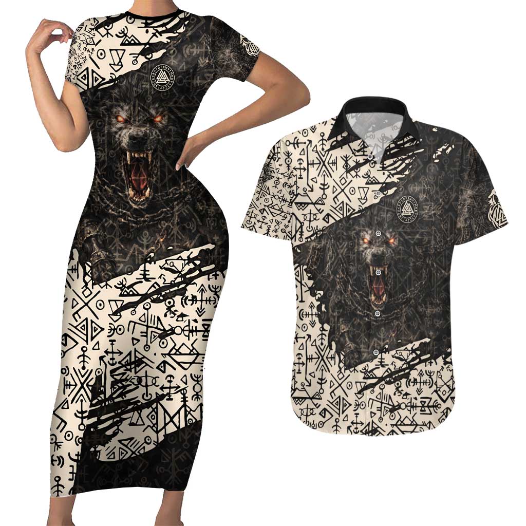 Fenrir Couples Matching Short Sleeve Bodycon Dress and Hawaiian Shirt with Norse Symbols and Howling Wolf Viking Mythology Tribute - Wonder Print Shop