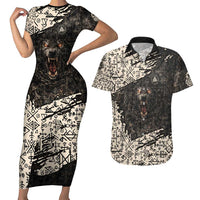 Fenrir Couples Matching Short Sleeve Bodycon Dress and Hawaiian Shirt with Norse Symbols and Howling Wolf Viking Mythology Tribute - Wonder Print Shop