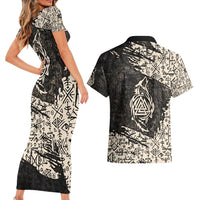 Fenrir Couples Matching Short Sleeve Bodycon Dress and Hawaiian Shirt with Norse Symbols and Howling Wolf Viking Mythology Tribute - Wonder Print Shop