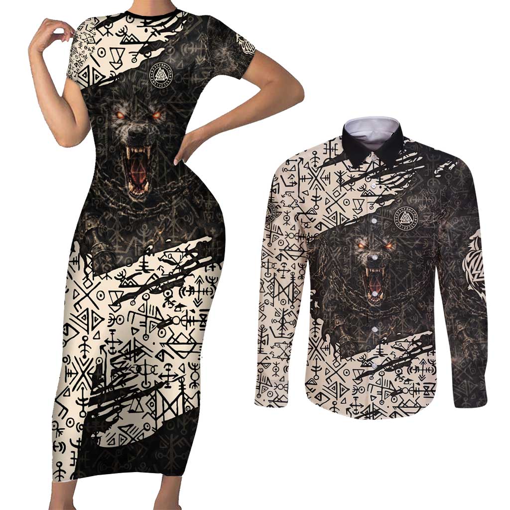 Fenrir Couples Matching Short Sleeve Bodycon Dress and Long Sleeve Button Shirt with Norse Symbols and Howling Wolf Viking Mythology Tribute - Wonder Print Shop