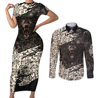 Fenrir Couples Matching Short Sleeve Bodycon Dress and Long Sleeve Button Shirt with Norse Symbols and Howling Wolf Viking Mythology Tribute - Wonder Print Shop