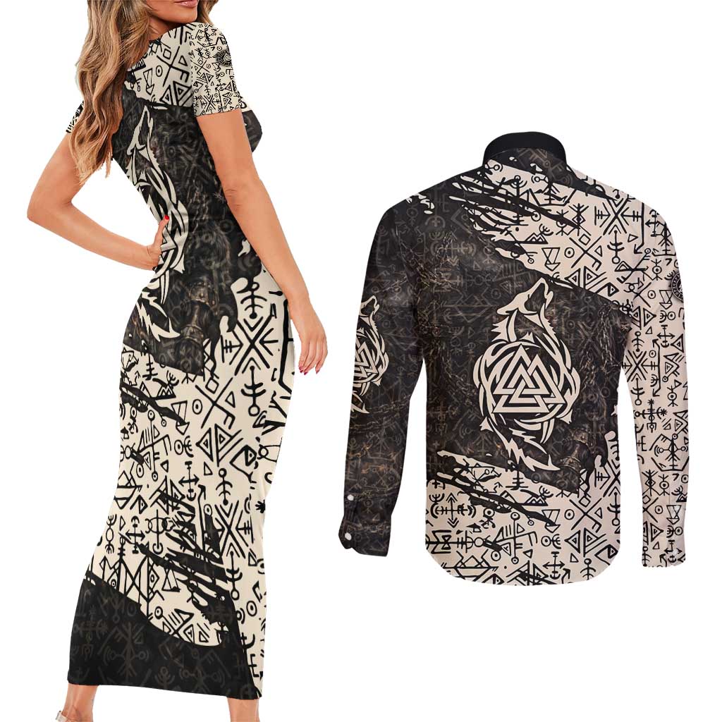 Fenrir Couples Matching Short Sleeve Bodycon Dress and Long Sleeve Button Shirt with Norse Symbols and Howling Wolf Viking Mythology Tribute - Wonder Print Shop