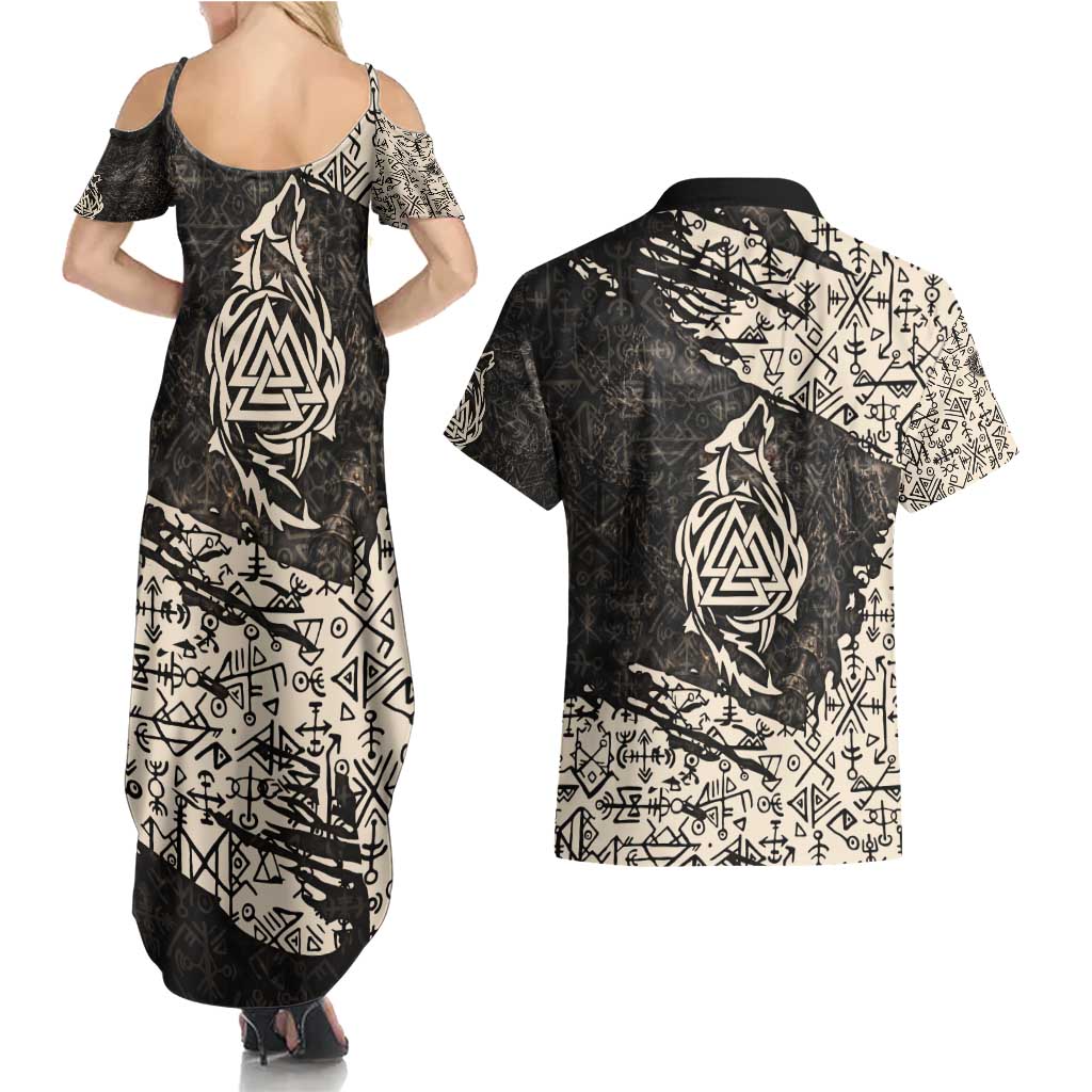 Fenrir Couples Matching Summer Maxi Dress and Hawaiian Shirt with Norse Symbols and Howling Wolf Viking Mythology Tribute - Wonder Print Shop