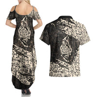 Fenrir Couples Matching Summer Maxi Dress and Hawaiian Shirt with Norse Symbols and Howling Wolf Viking Mythology Tribute - Wonder Print Shop