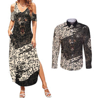 Fenrir Couples Matching Summer Maxi Dress and Long Sleeve Button Shirt with Norse Symbols and Howling Wolf Viking Mythology Tribute - Wonder Print Shop