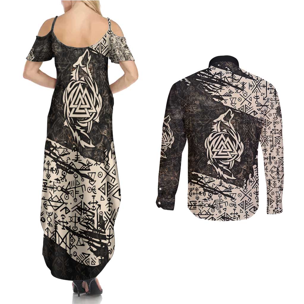 Fenrir Couples Matching Summer Maxi Dress and Long Sleeve Button Shirt with Norse Symbols and Howling Wolf Viking Mythology Tribute - Wonder Print Shop