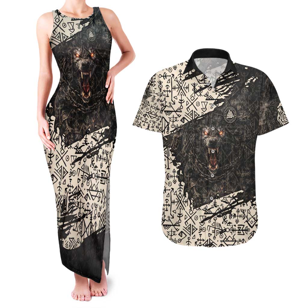 Fenrir Couples Matching Tank Maxi Dress and Hawaiian Shirt with Norse Symbols and Howling Wolf Viking Mythology Tribute - Wonder Print Shop