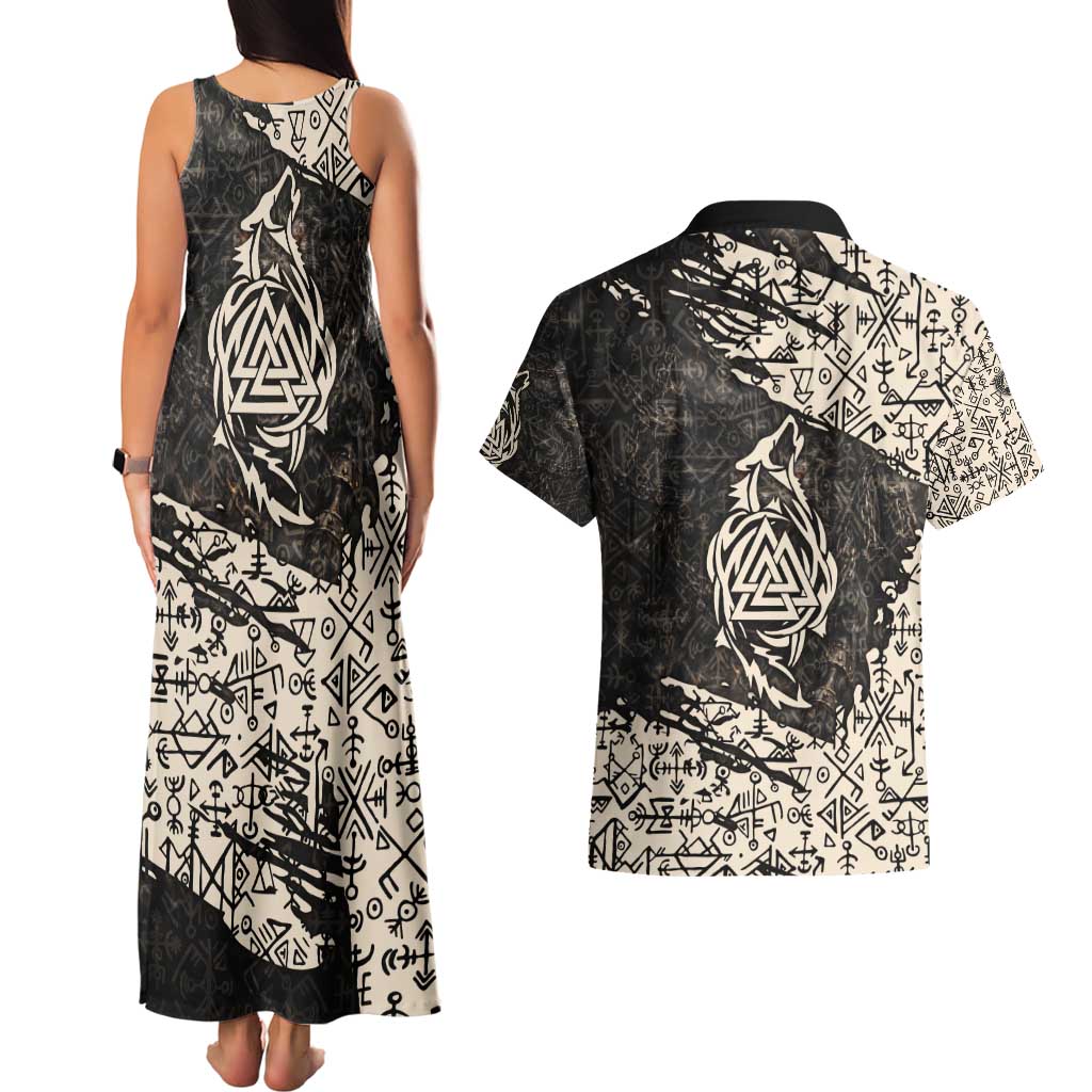 Fenrir Couples Matching Tank Maxi Dress and Hawaiian Shirt with Norse Symbols and Howling Wolf Viking Mythology Tribute - Wonder Print Shop