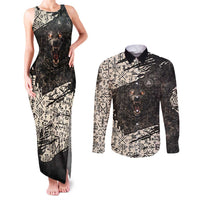 Fenrir Couples Matching Tank Maxi Dress and Long Sleeve Button Shirt with Norse Symbols and Howling Wolf Viking Mythology Tribute - Wonder Print Shop