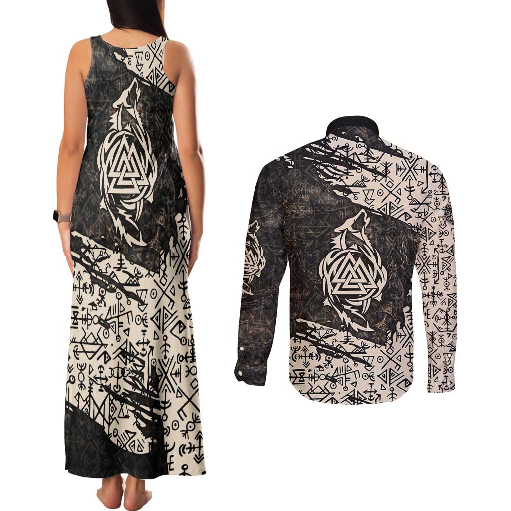 Fenrir Couples Matching Tank Maxi Dress and Long Sleeve Button Shirt with Norse Symbols and Howling Wolf Viking Mythology Tribute - Wonder Print Shop