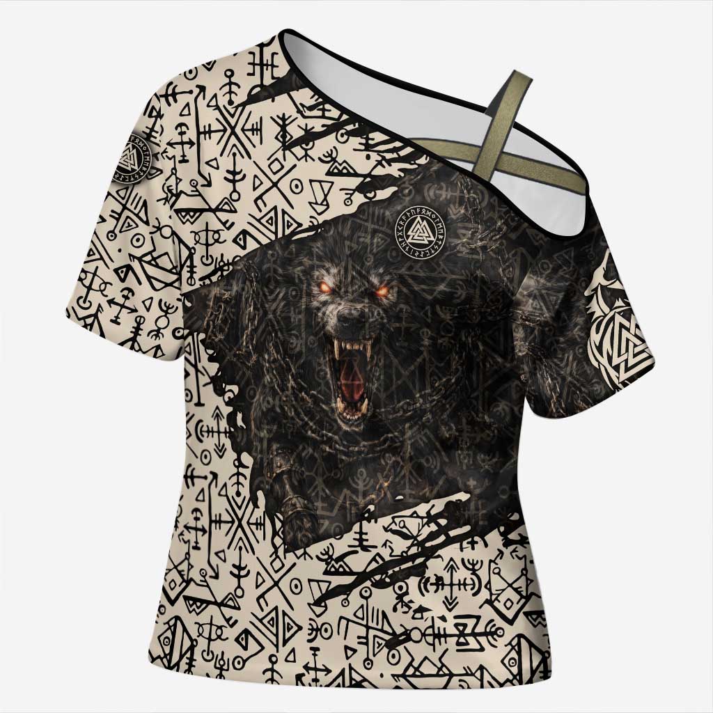 Fenrir Cross Shoulder Shirt with Norse Symbols and Howling Wolf Viking Mythology Tribute - Wonder Print Shop