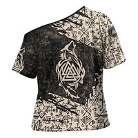 Fenrir Cross Shoulder Shirt with Norse Symbols and Howling Wolf Viking Mythology Tribute - Wonder Print Shop