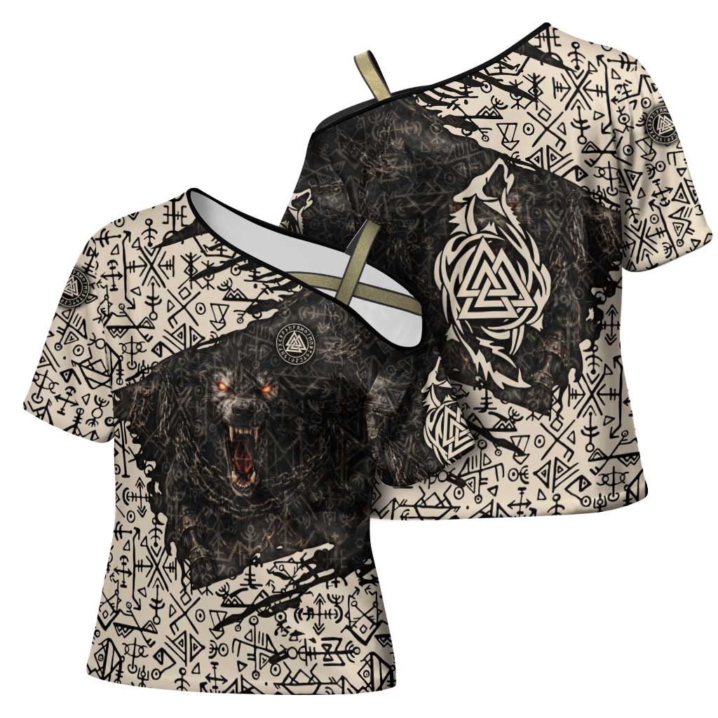 Fenrir Cross Shoulder Shirt with Norse Symbols and Howling Wolf Viking Mythology Tribute - Wonder Print Shop