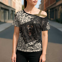Fenrir Cross Shoulder Shirt with Norse Symbols and Howling Wolf Viking Mythology Tribute - Wonder Print Shop