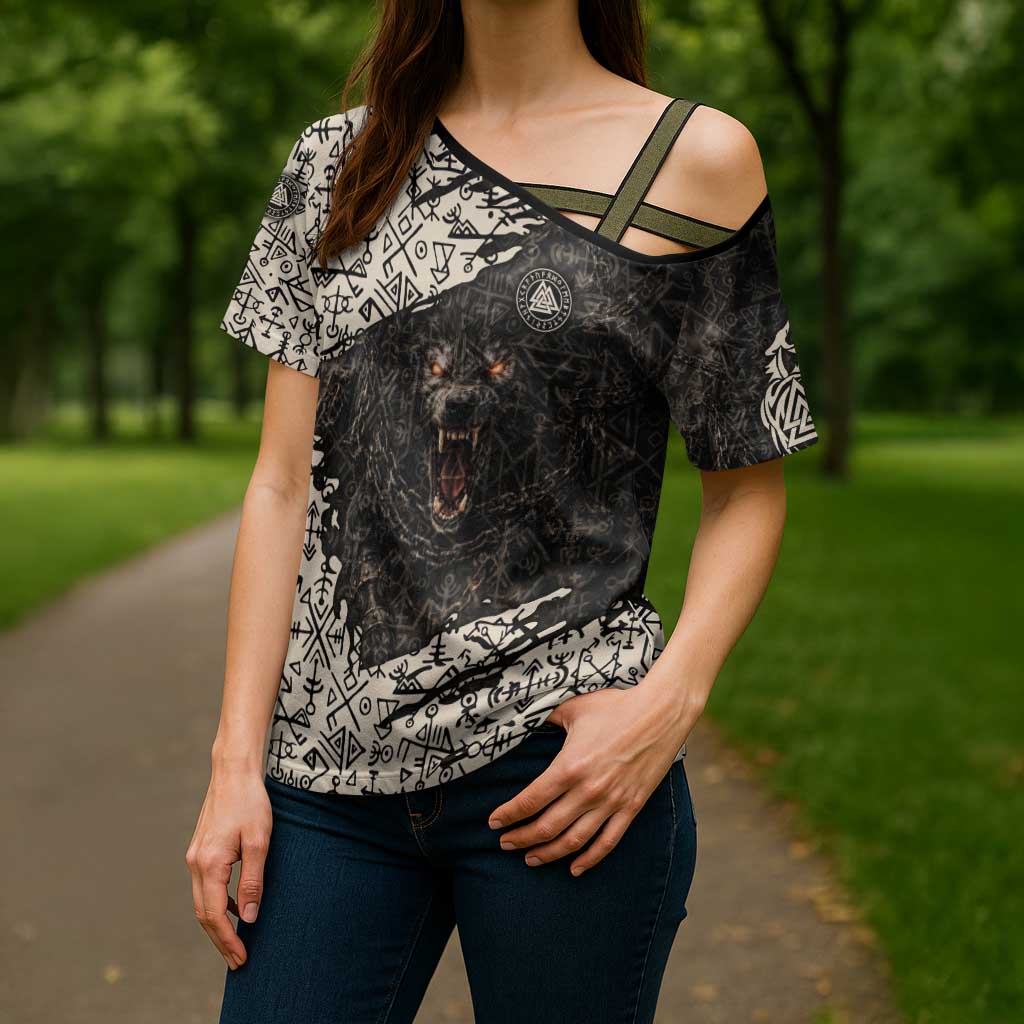 Fenrir Cross Shoulder Shirt with Norse Symbols and Howling Wolf Viking Mythology Tribute - Wonder Print Shop