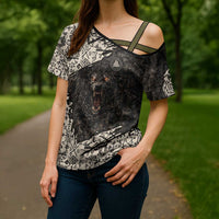 Fenrir Cross Shoulder Shirt with Norse Symbols and Howling Wolf Viking Mythology Tribute - Wonder Print Shop