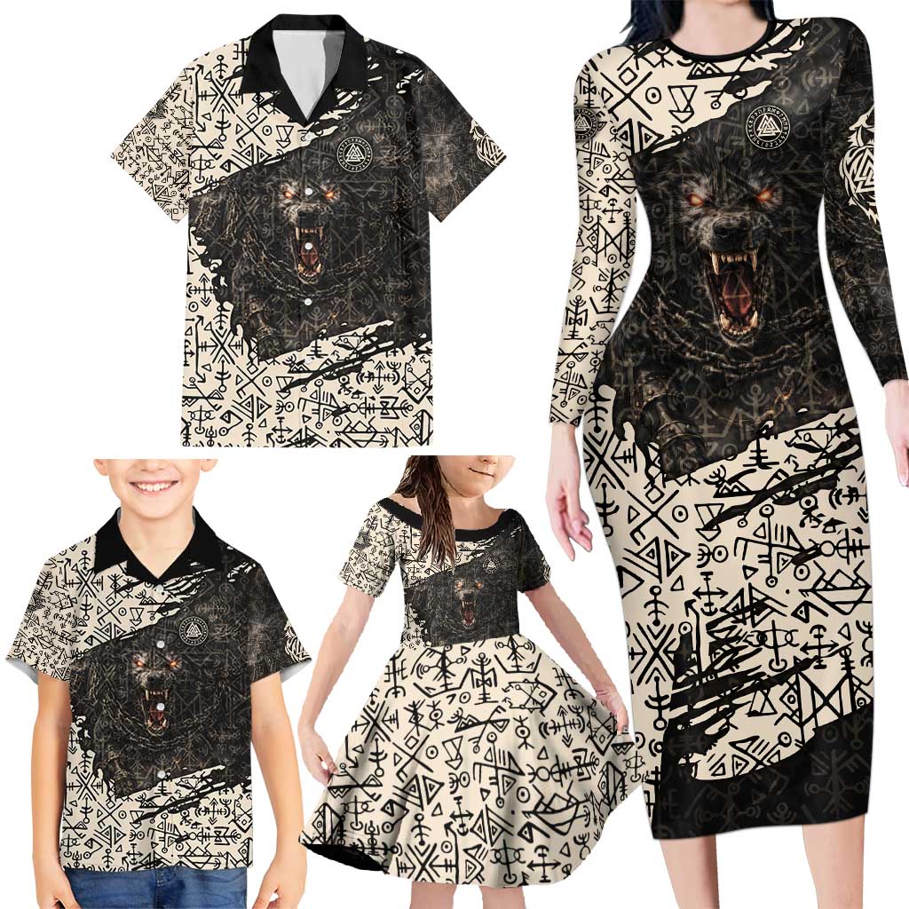 Fenrir Family Matching Long Sleeve Bodycon Dress and Hawaiian Shirt with Norse Symbols and Howling Wolf Viking Mythology Tribute - Wonder Print Shop
