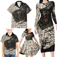 Fenrir Family Matching Long Sleeve Bodycon Dress and Hawaiian Shirt with Norse Symbols and Howling Wolf Viking Mythology Tribute - Wonder Print Shop