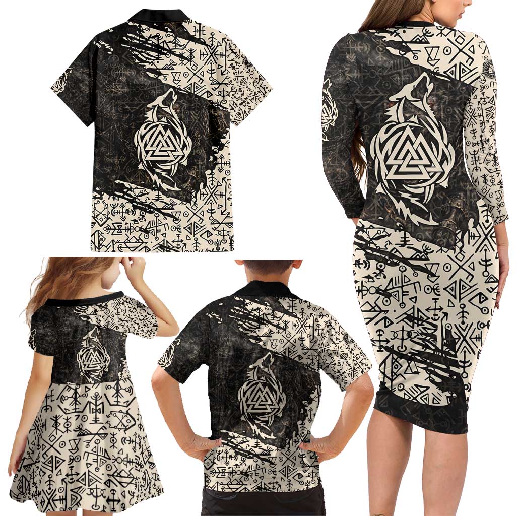 Fenrir Family Matching Long Sleeve Bodycon Dress and Hawaiian Shirt with Norse Symbols and Howling Wolf Viking Mythology Tribute - Wonder Print Shop
