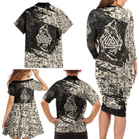 Fenrir Family Matching Long Sleeve Bodycon Dress and Hawaiian Shirt with Norse Symbols and Howling Wolf Viking Mythology Tribute - Wonder Print Shop
