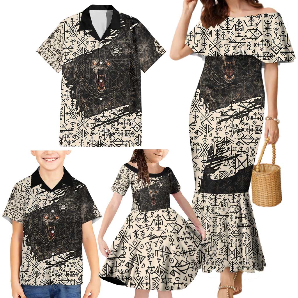 Fenrir Family Matching Mermaid Dress and Hawaiian Shirt with Norse Symbols and Howling Wolf Viking Mythology Tribute - Wonder Print Shop