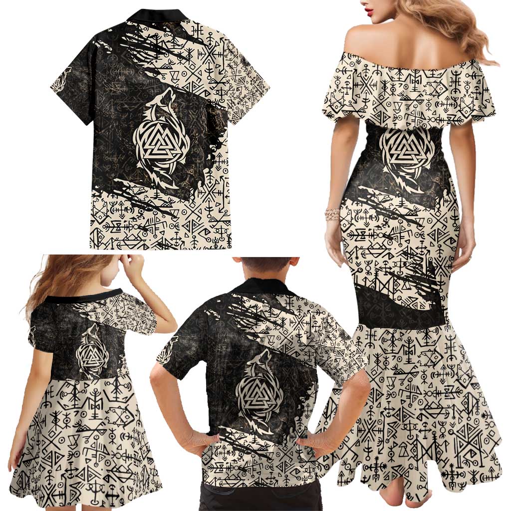 Fenrir Family Matching Mermaid Dress and Hawaiian Shirt with Norse Symbols and Howling Wolf Viking Mythology Tribute - Wonder Print Shop