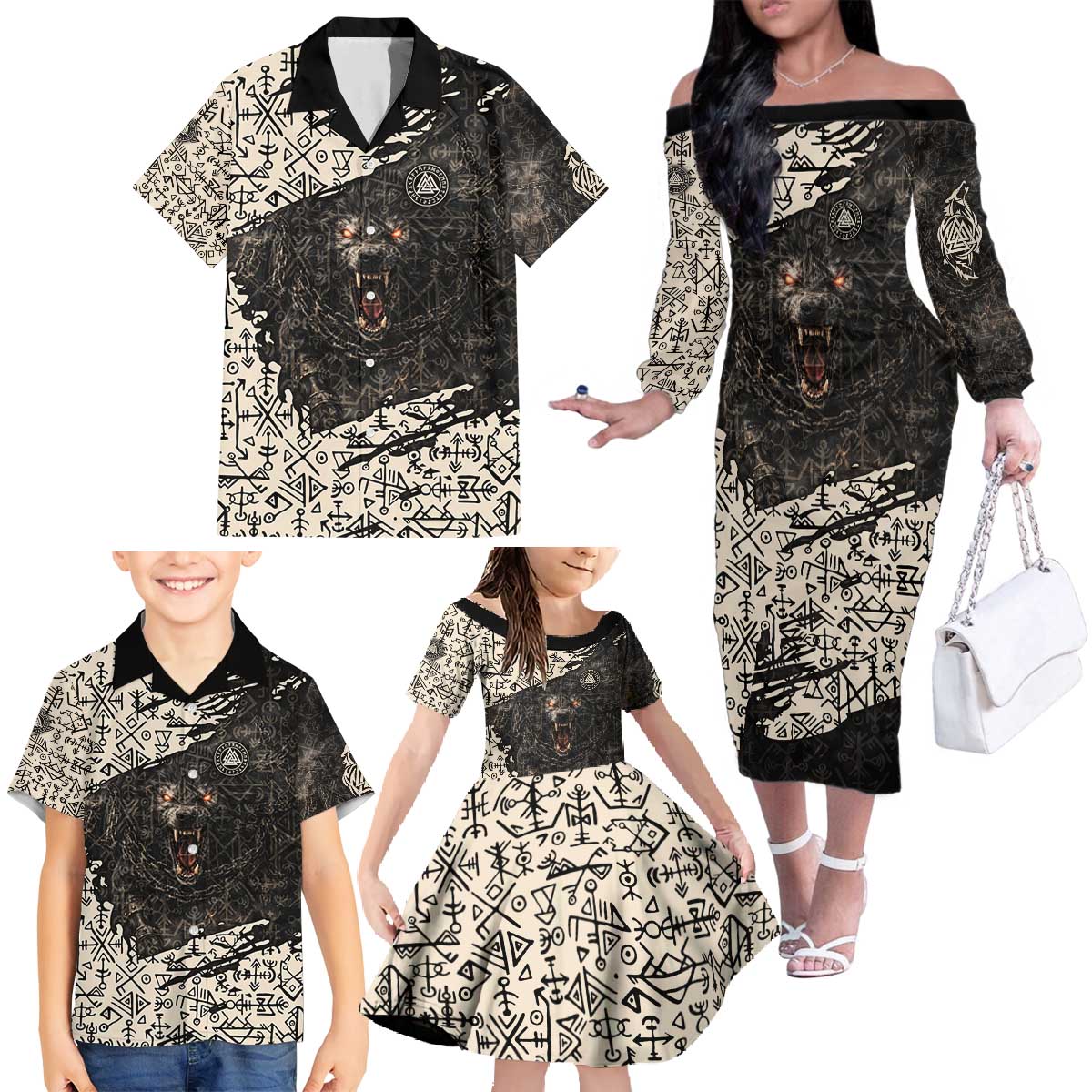 Fenrir Family Matching Off The Shoulder Long Sleeve Dress and Hawaiian Shirt with Norse Symbols and Howling Wolf Viking Mythology Tribute - Wonder Print Shop