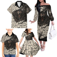 Fenrir Family Matching Off The Shoulder Long Sleeve Dress and Hawaiian Shirt with Norse Symbols and Howling Wolf Viking Mythology Tribute - Wonder Print Shop