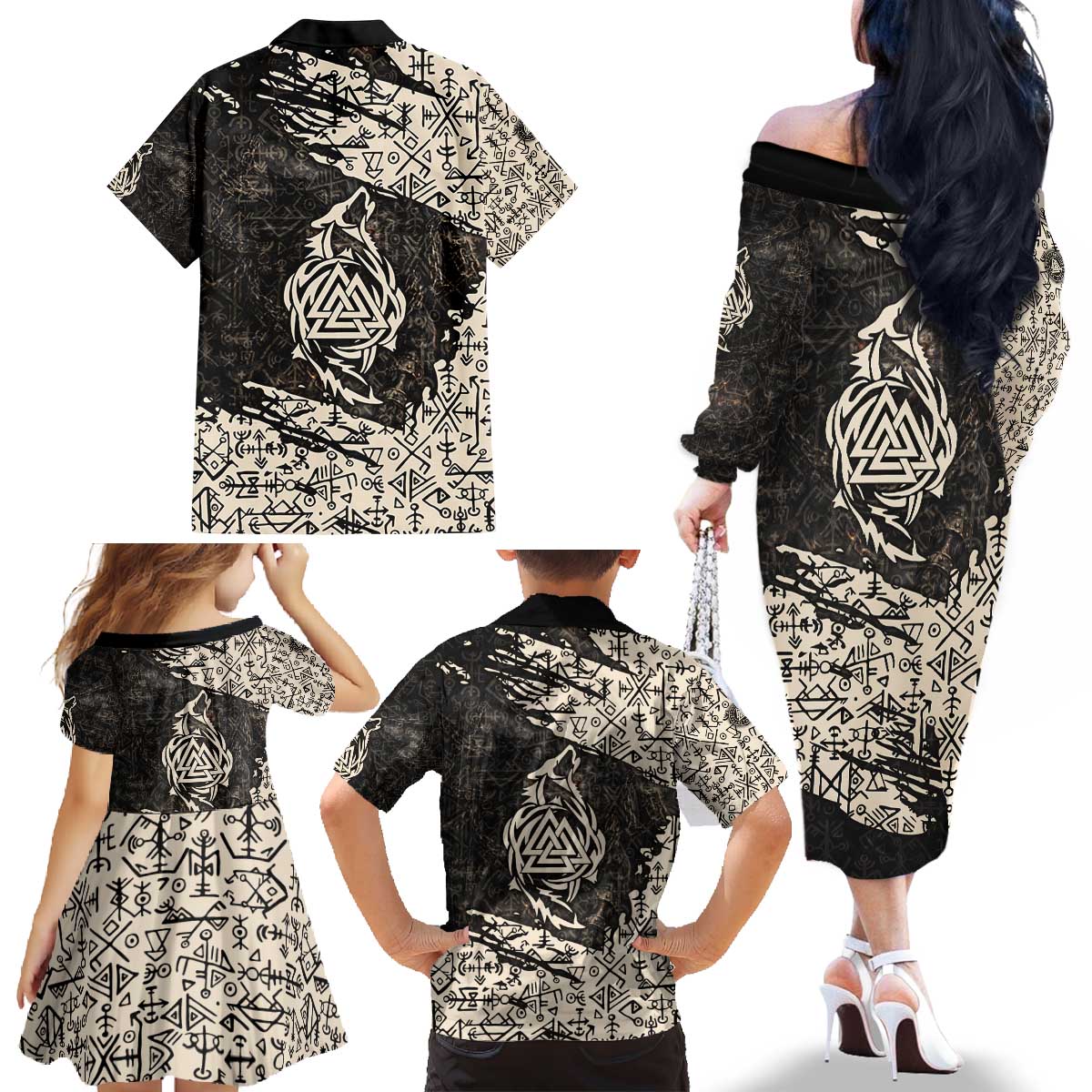 Fenrir Family Matching Off The Shoulder Long Sleeve Dress and Hawaiian Shirt with Norse Symbols and Howling Wolf Viking Mythology Tribute - Wonder Print Shop