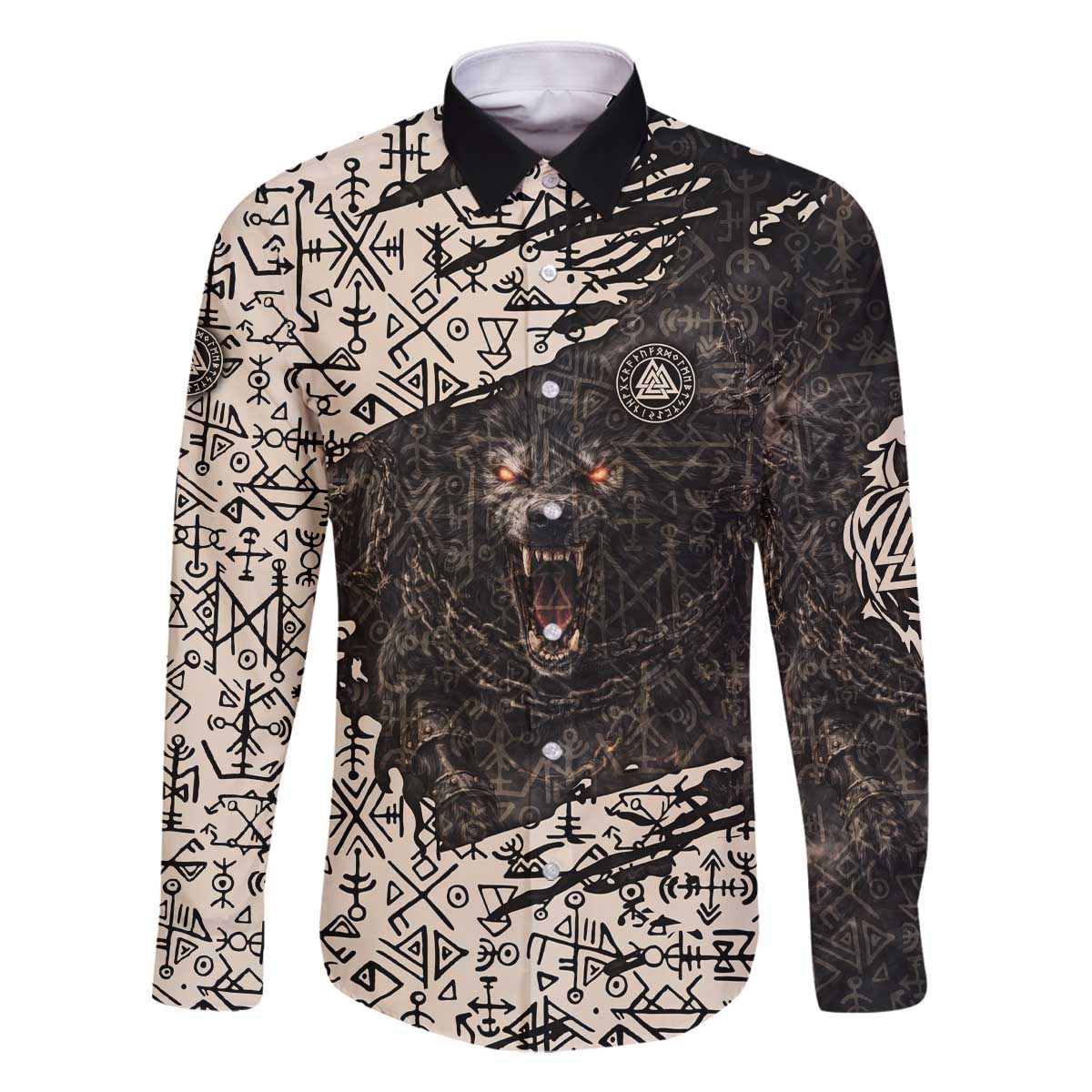 Fenrir Family Matching Off The Shoulder Long Sleeve Dress and Hawaiian Shirt with Norse Symbols and Howling Wolf Viking Mythology Tribute - Wonder Print Shop