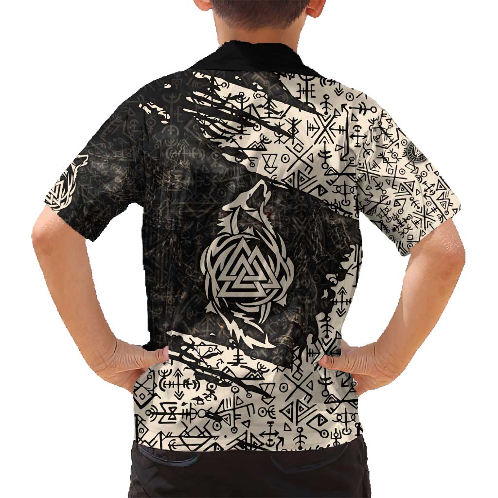 Fenrir Family Matching Off Shoulder Maxi Dress and Hawaiian Shirt with Norse Symbols and Howling Wolf Viking Mythology Tribute - Wonder Print Shop
