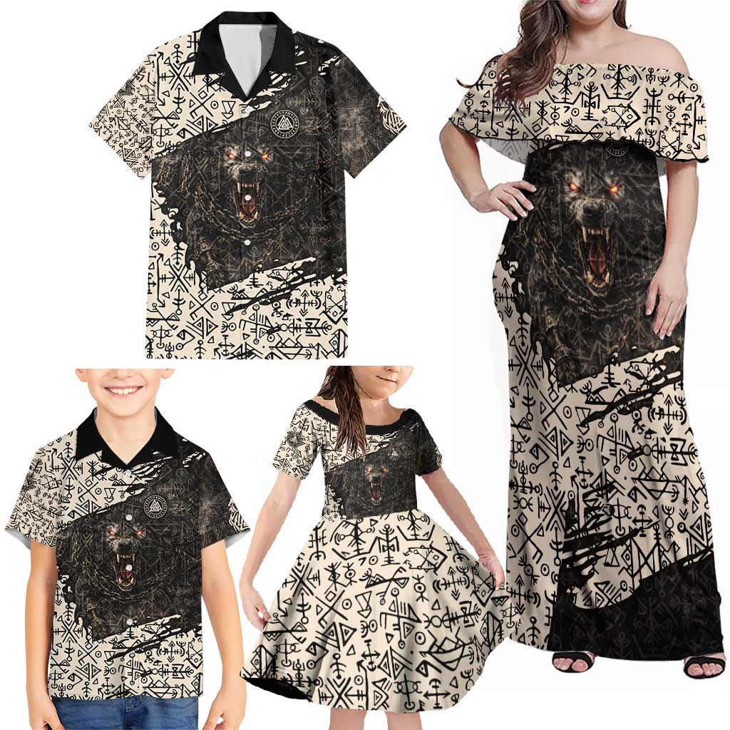 Fenrir Family Matching Off Shoulder Maxi Dress and Hawaiian Shirt with Norse Symbols and Howling Wolf Viking Mythology Tribute - Wonder Print Shop