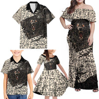 Fenrir Family Matching Off Shoulder Maxi Dress and Hawaiian Shirt with Norse Symbols and Howling Wolf Viking Mythology Tribute - Wonder Print Shop